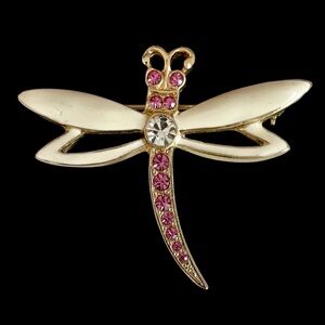 Vintage Signed Gold Plated Dragonfly Brooch With Enamel And Crystals